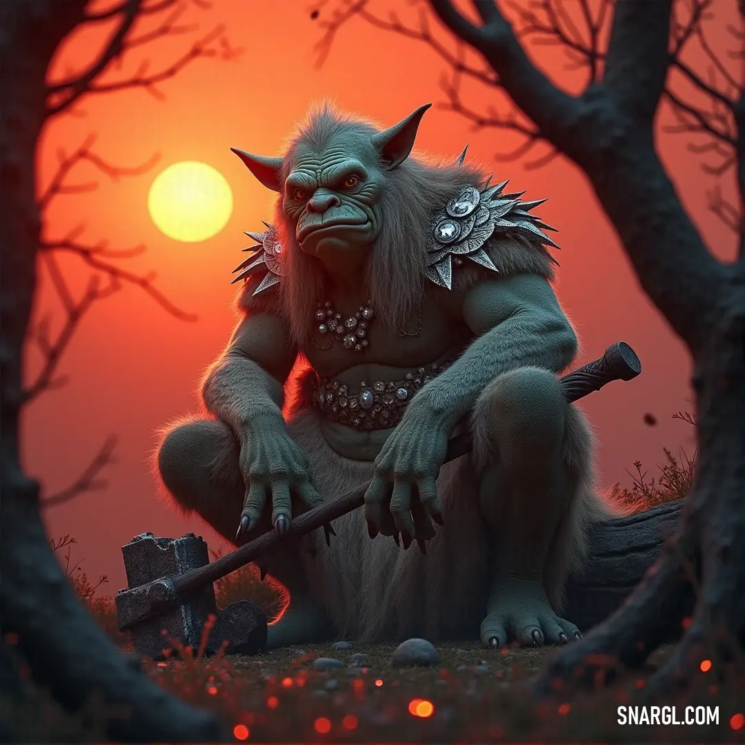 A troll emerges from a lush forest, wielding an axe with a glimmer of sunlight filtering through the trees, blending the essence of the mythical with the vibrancy of nature.