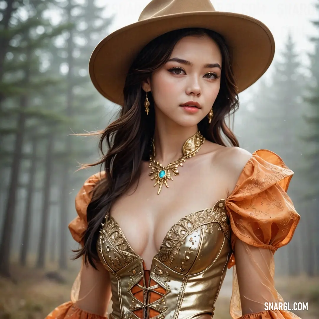Woman in a golden dress and hat posing for a picture in the woods with trees in the background. Color RGB 127,98,58.