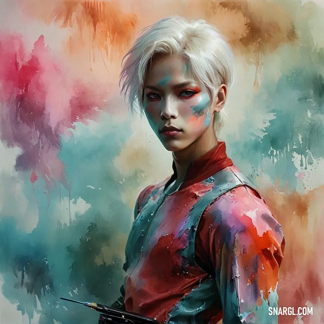 A vibrant painting features a captivating woman with striking white hair, holding a paintbrush in one hand. Dressed in a bold red shirt, her focused expression radiates creativity and passion, set within a rich, artistic landscape.