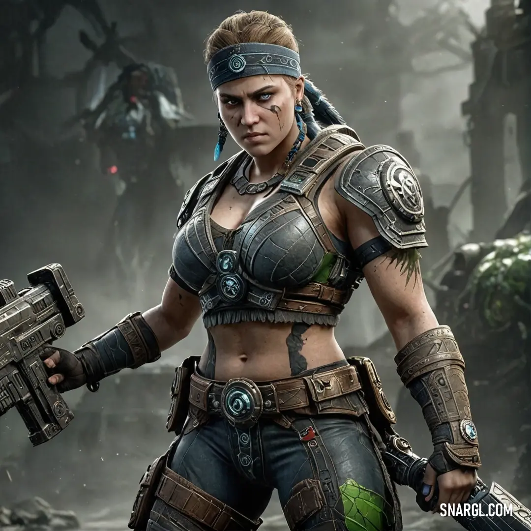 In a vibrant forest setting, a woman in a bold futuristic outfit wielding a gun stands confidently among fellow adventurers. Her determined expression and dynamic pose suggest readiness for an action-packed mission in an intriguing world.