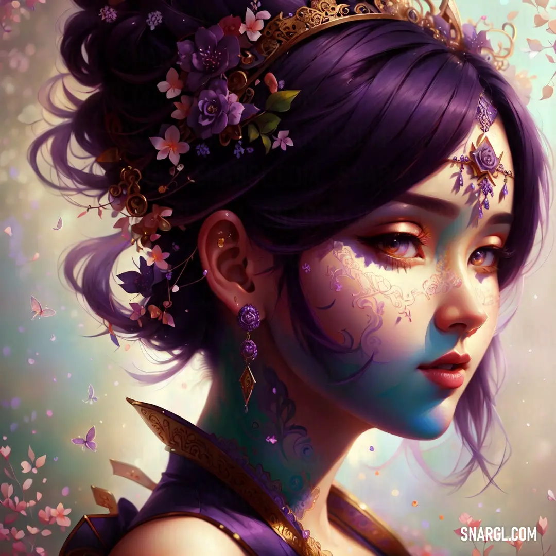 A regal woman with striking purple hair, wearing a crown, with a delicate butterfly perched on her face. The deep hues of her hair and the vibrant butterfly create a magical and ethereal feel.