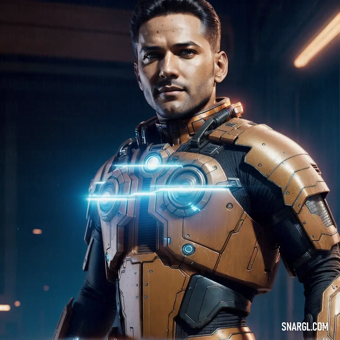 NCS S 5020-Y30R color example: Man in a suit with a glowing light on his chest and a futuristic helmet on his head