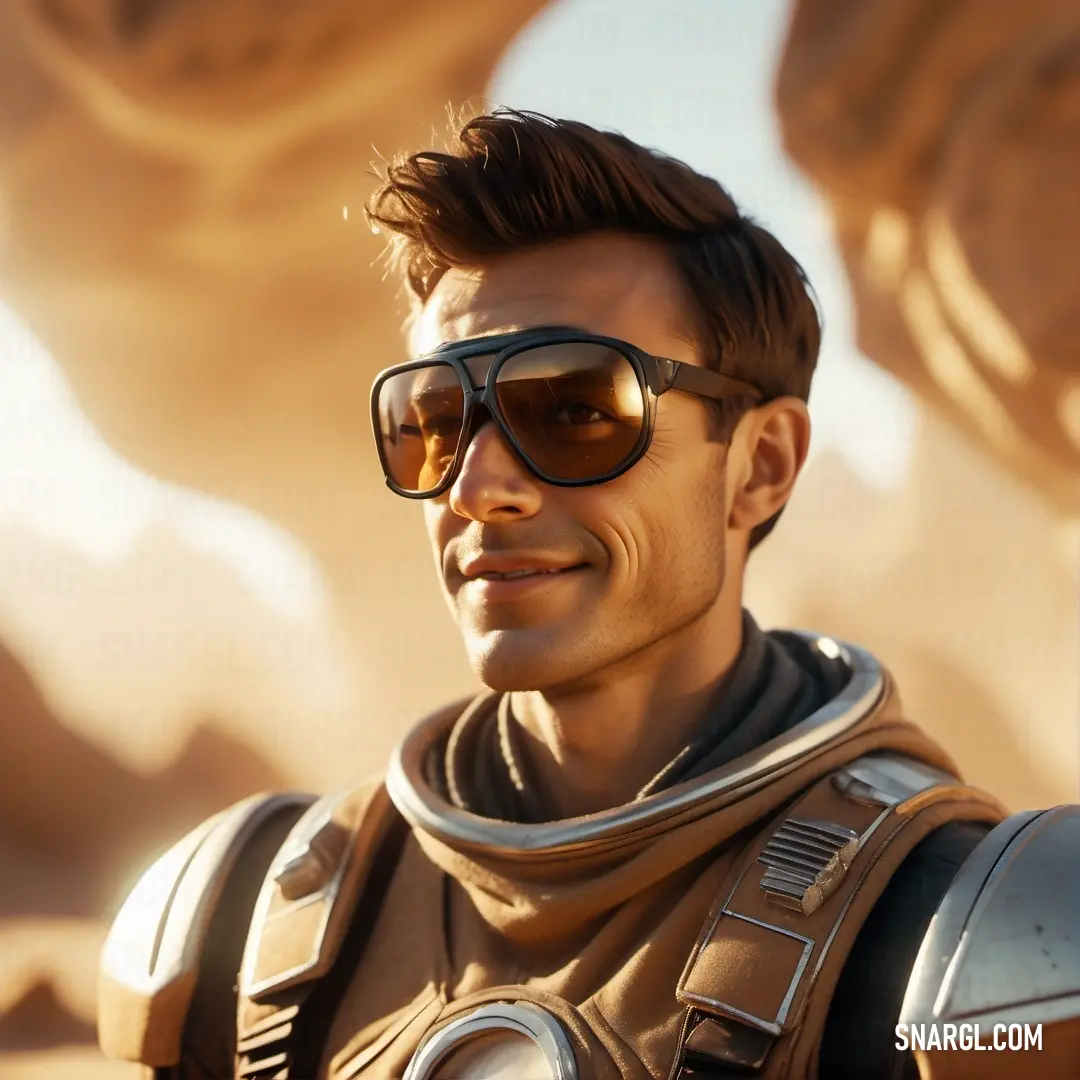 Man in a star wars outfit and sunglasses looks at the camera while standing in front of a desert. Color #7F5937.