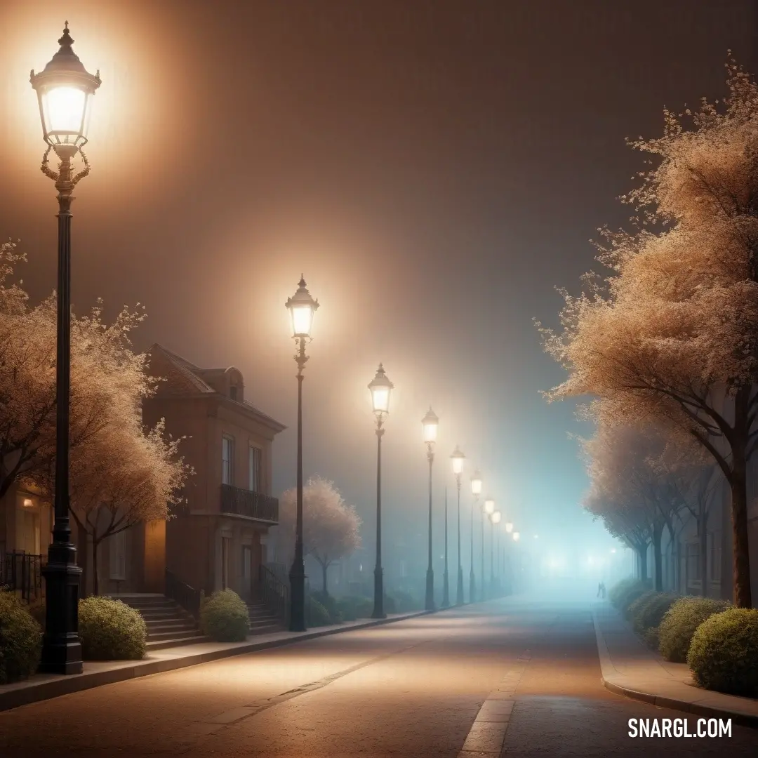 Street with a light pole and street lamps on it at night time with fog and fog in the air. Color CMYK 0,40,60,53.