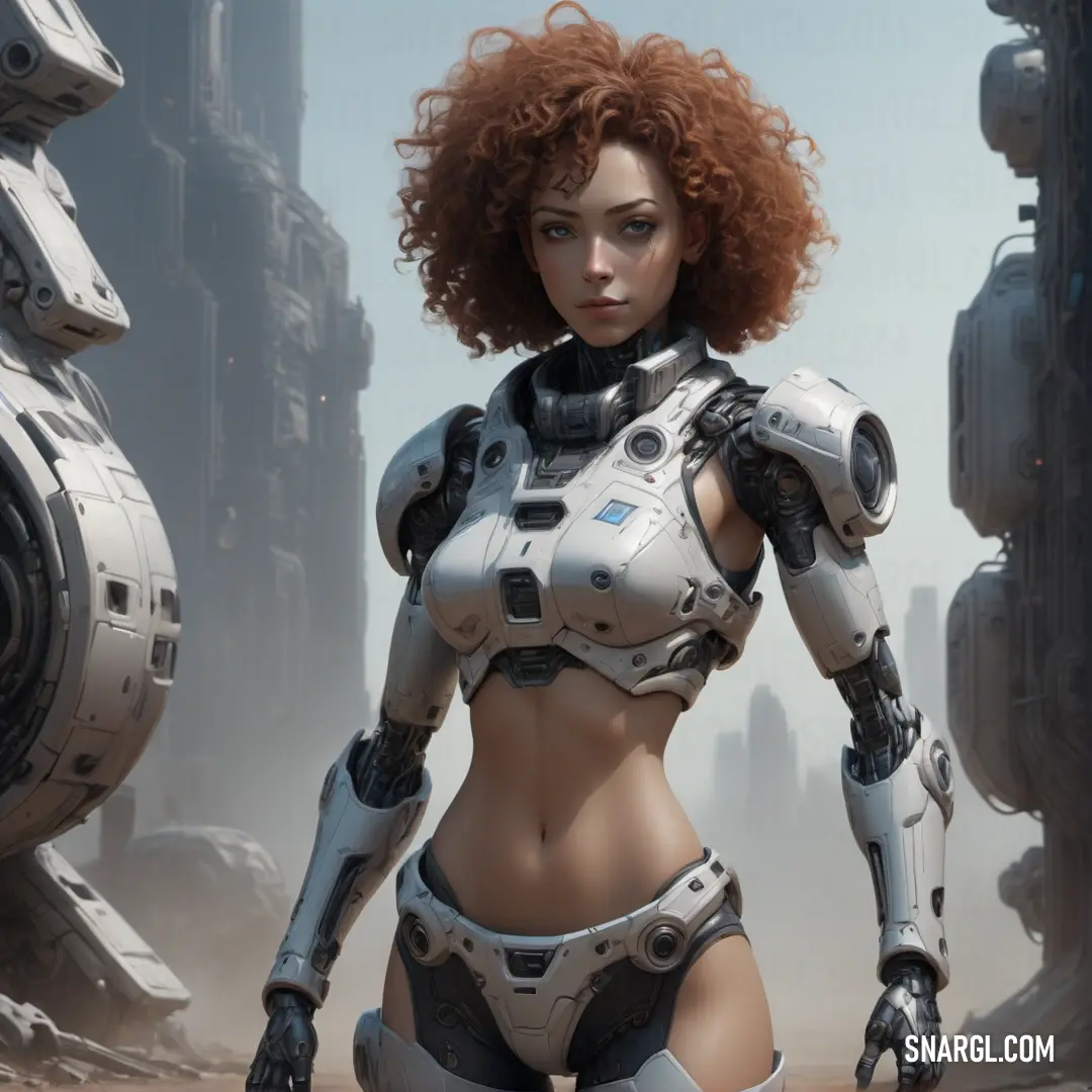 Woman in a futuristic suit standing in front of a futuristic city with a robot like body and helmet. Example of NCS S 5020-Y40R color.