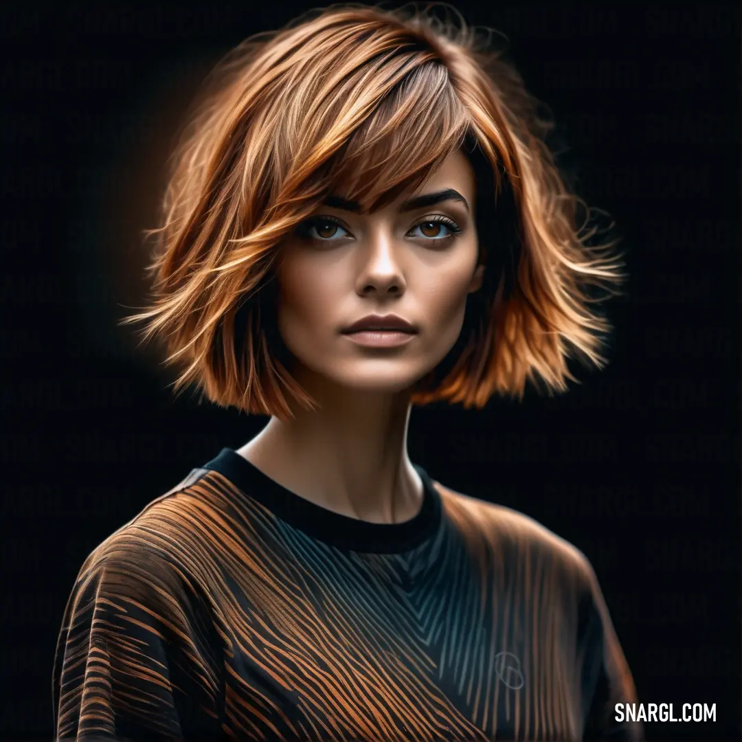 Woman with a short bob cut and a black background. Color CMYK 0,45,58,50.