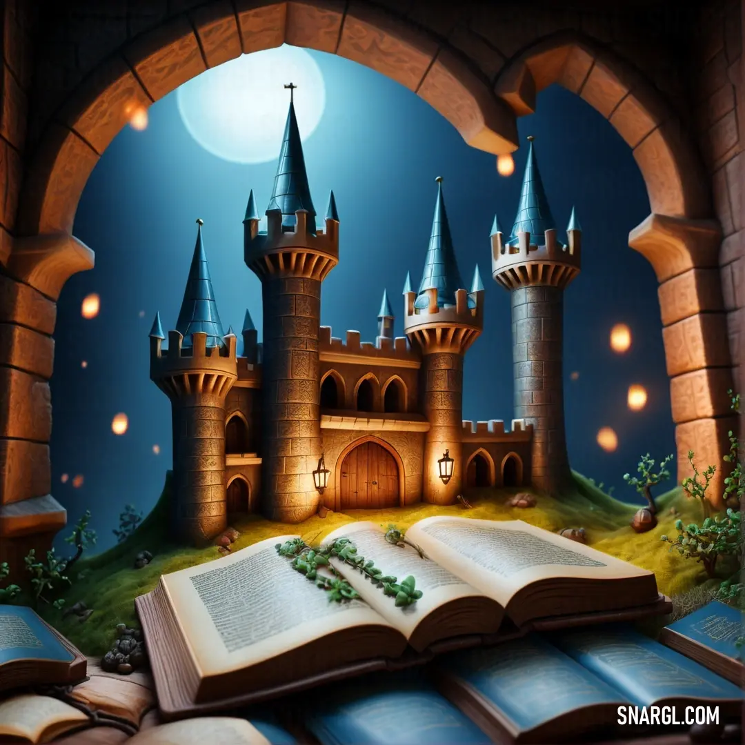 Book opened to a castle with a book on it and a light shining on it in the background. Example of RGB 131,78,63 color.