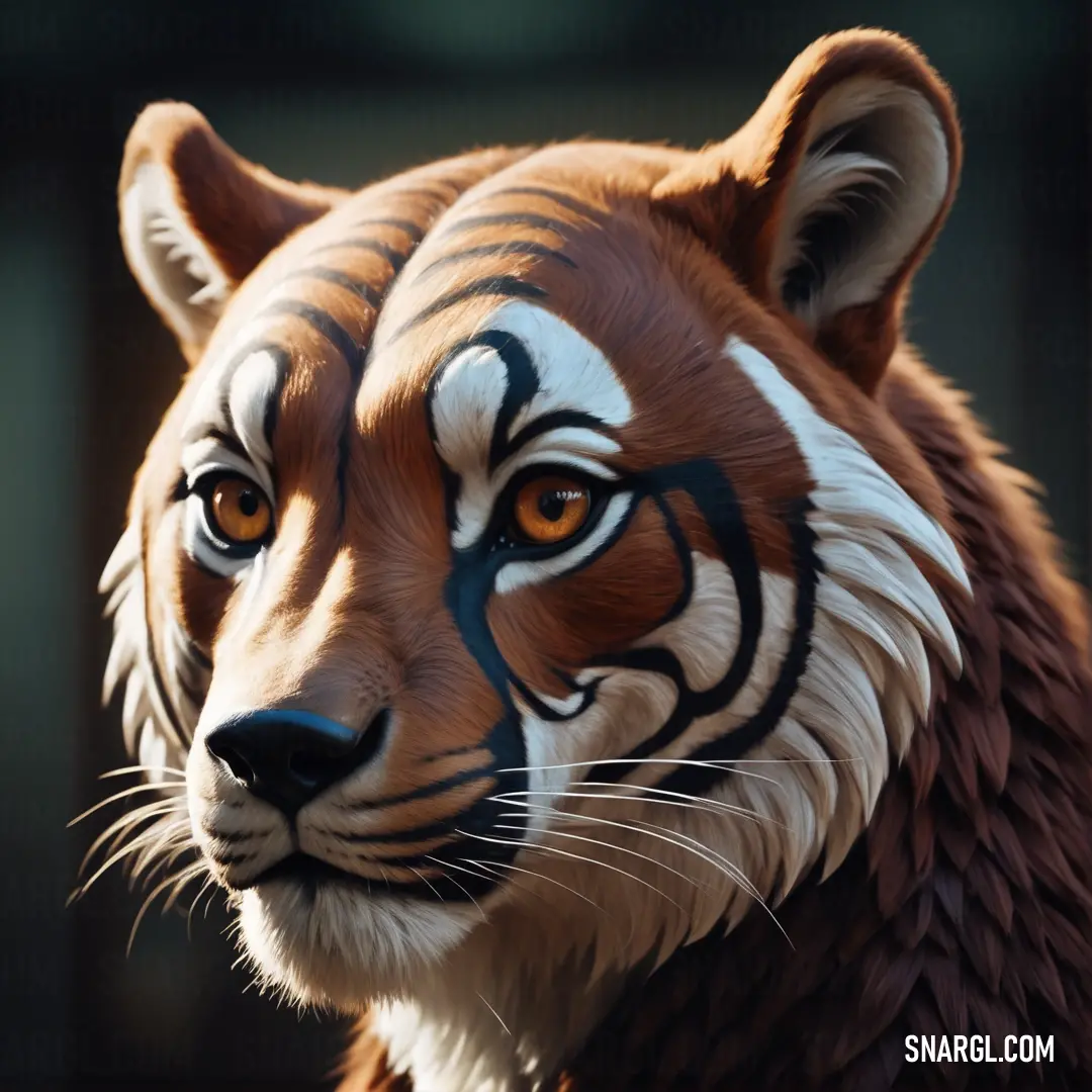 Close up of a tiger's face with a black and white face paint job on it's face. Color #834E3F.