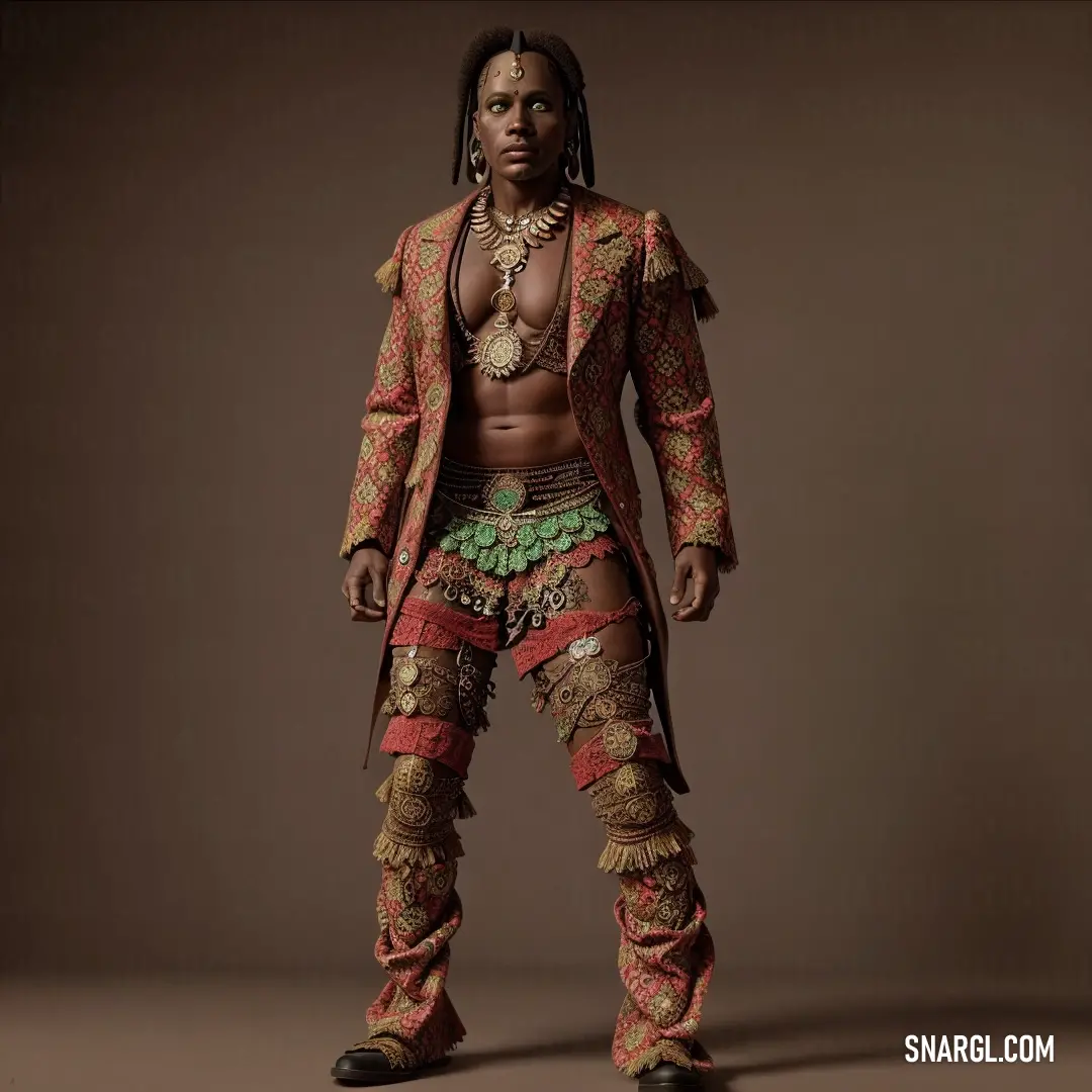 Man in a costume standing in a studio photo with a brown background. Example of #7B473F color.