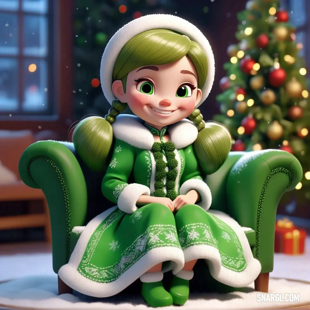 Cartoon girl on a green chair in front of a christmas tree. Example of #216645 color.