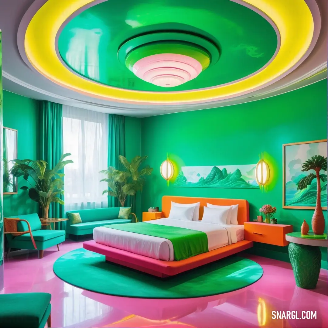 Bedroom with a green and pink theme and a bed with a green headboard. Example of RGB 33,102,69 color.