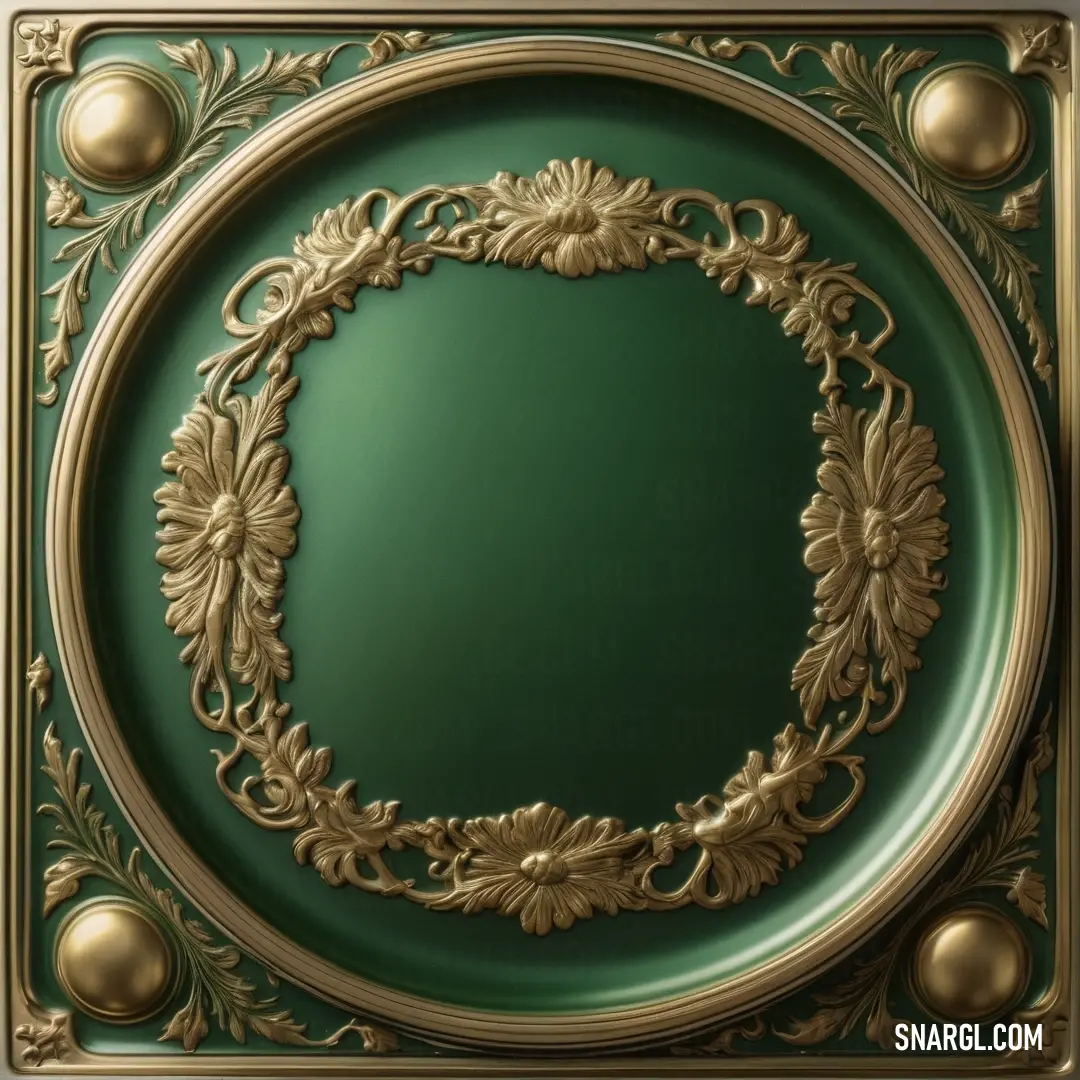 Green and gold frame with a gold border around it and a gold flower design on the front of the frame. Example of #216645 color.