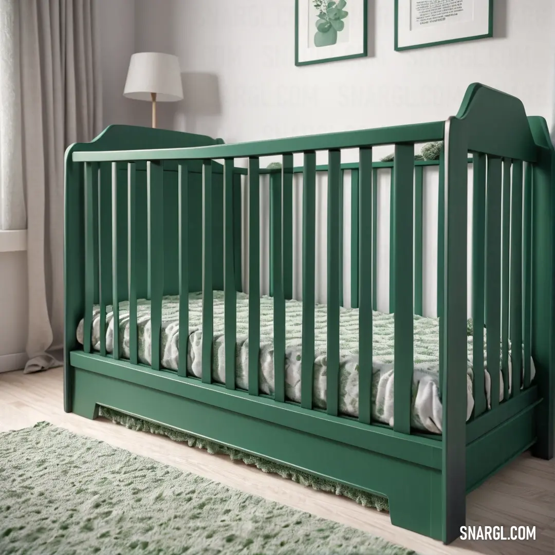 NCS S 5030-B90G color. Green crib in a white room with a green rug and a lamp on the wall