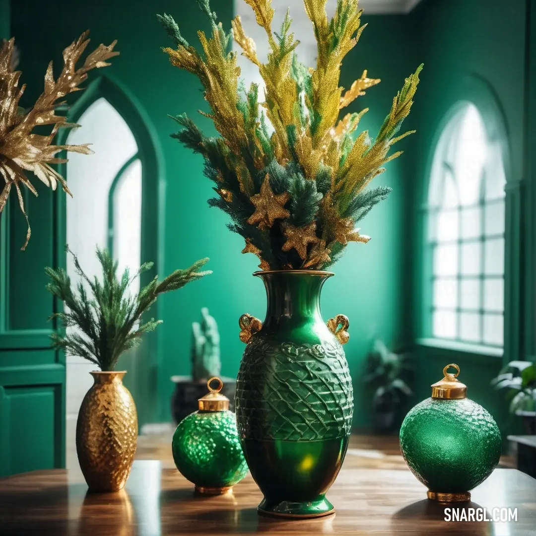 Table with a vase and three other vases on it with plants in them on it and a green wall. Color CMYK 71,0,63,52.