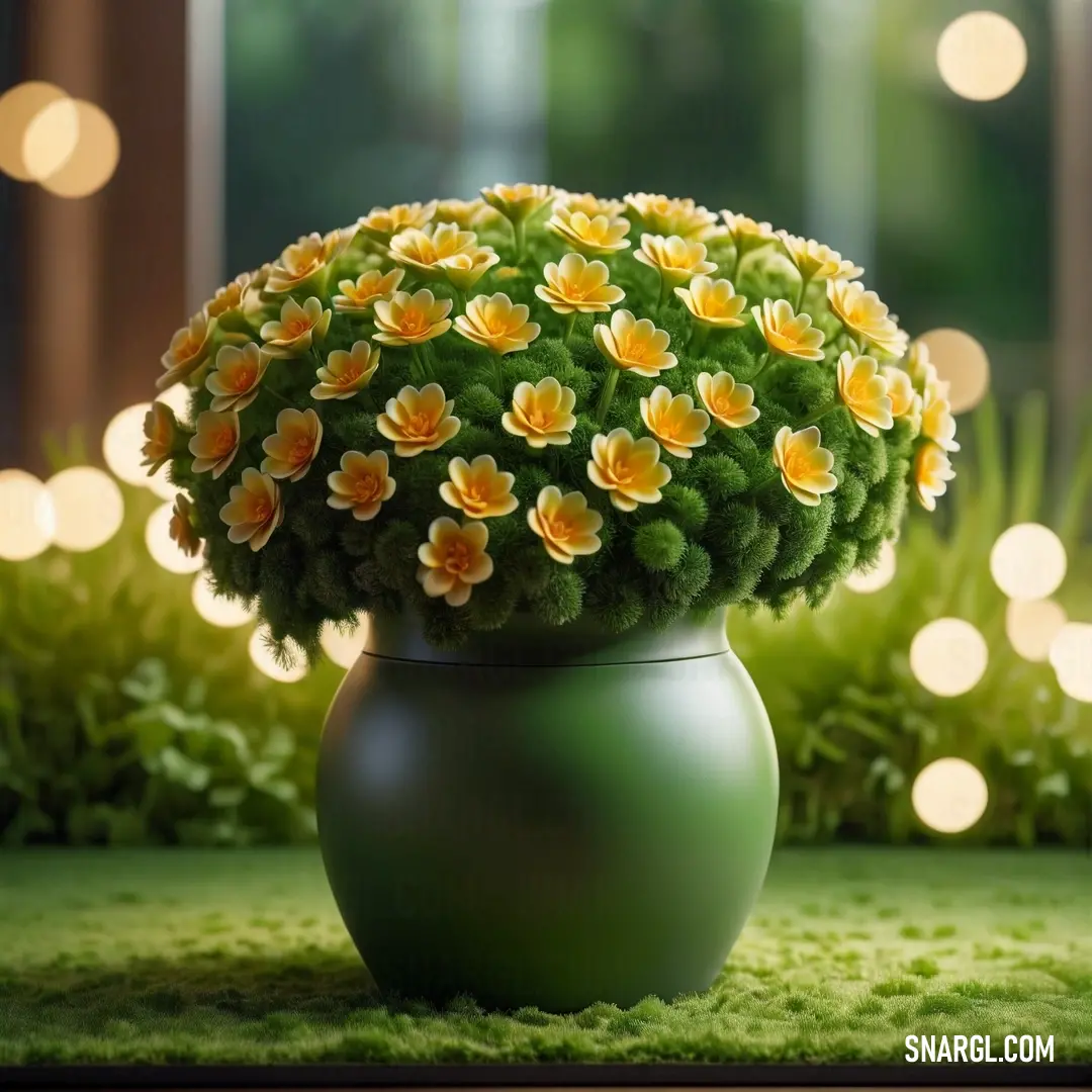Green vase with yellow flowers in it on a green surface with lights in the background. Example of NCS S 5030-G10Y color.