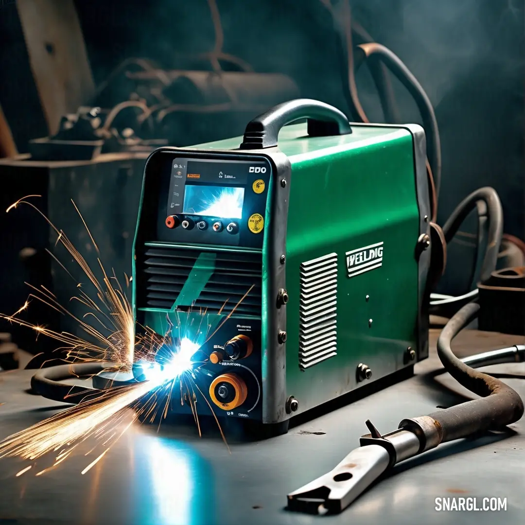 NCS S 5030-G10Y color. Welder is welding a piece of metal with a green machine on it and a blue light shining on the side