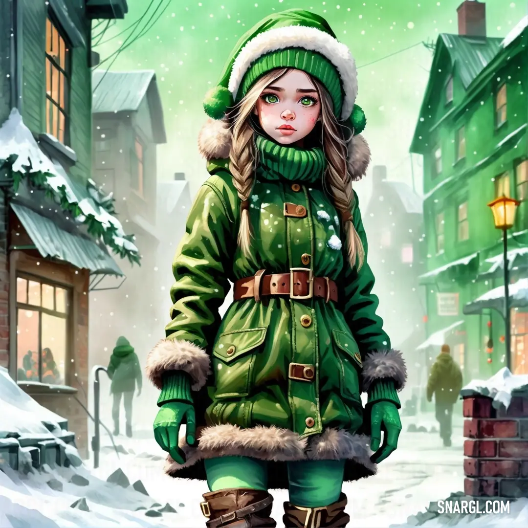 Girl in a green coat and hat standing in the snow in front of a green building. Example of RGB 65,98,36 color.
