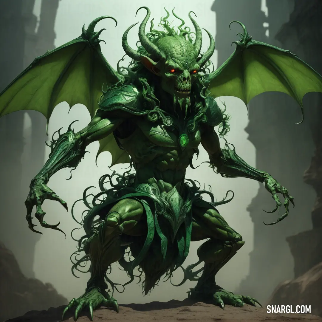 Green creature with large wings and a demon like body. Example of NCS S 5030-G30Y color.