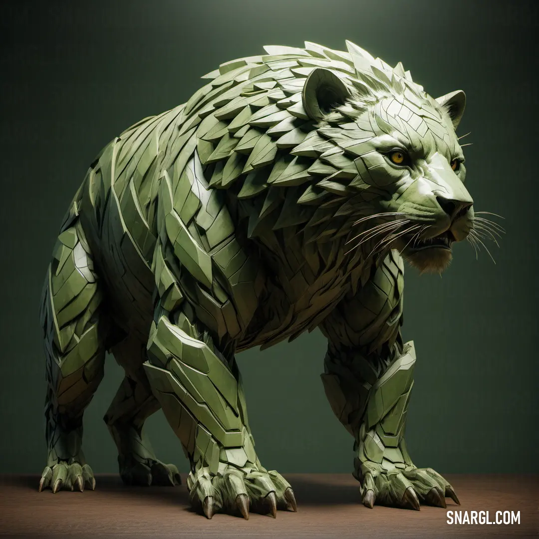 Green paper model of a cat on a table with a green background. Color NCS S 5030-G30Y.