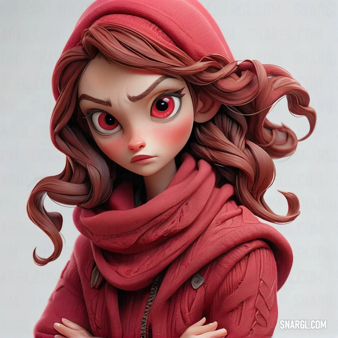 Doll with red eyes and a red hoodie on her head and a red scarf around her neck. Example of NCS S 5030-R color.