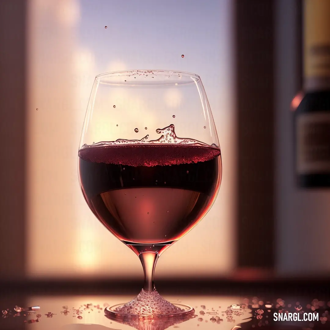 Glass of wine on a table with a bottle of wine in the background. Color RGB 111,47,53.