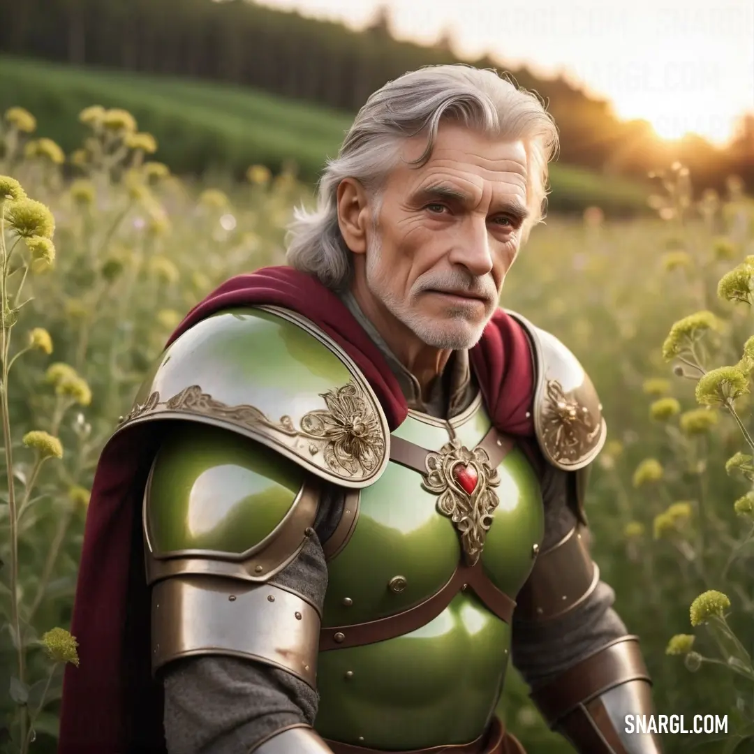 Man in a green and gold armor standing in a field of flowers with a red cape on his head. Color #6F2F35.