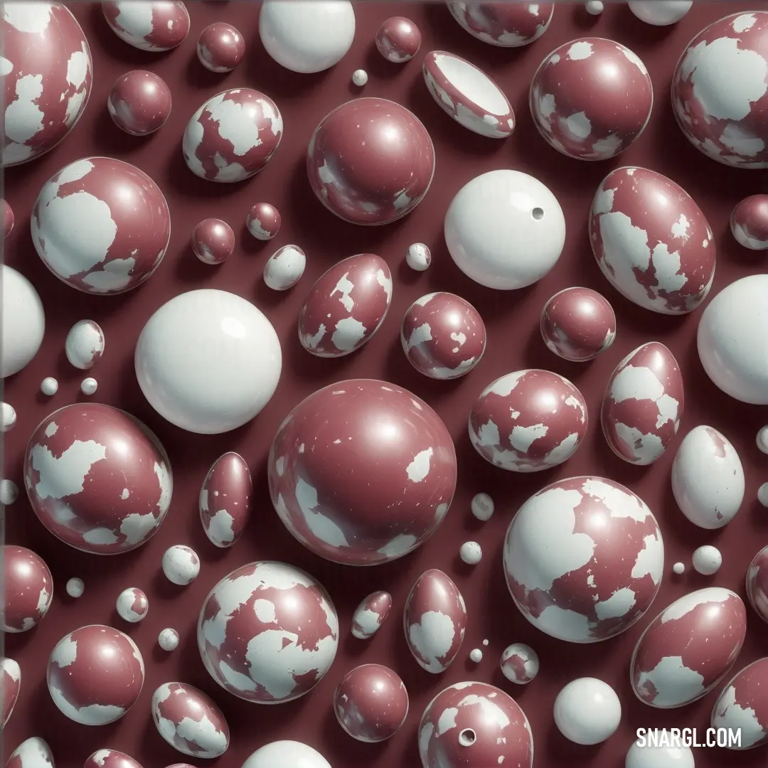 Bunch of red and white balls on a red surface with white dots on them. Color CMYK 0,70,35,61.