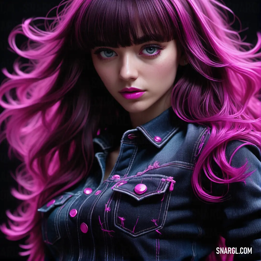 Barbie doll with pink hair and a denim jacket on her shoulders and a black background. Color RGB 109,40,65.