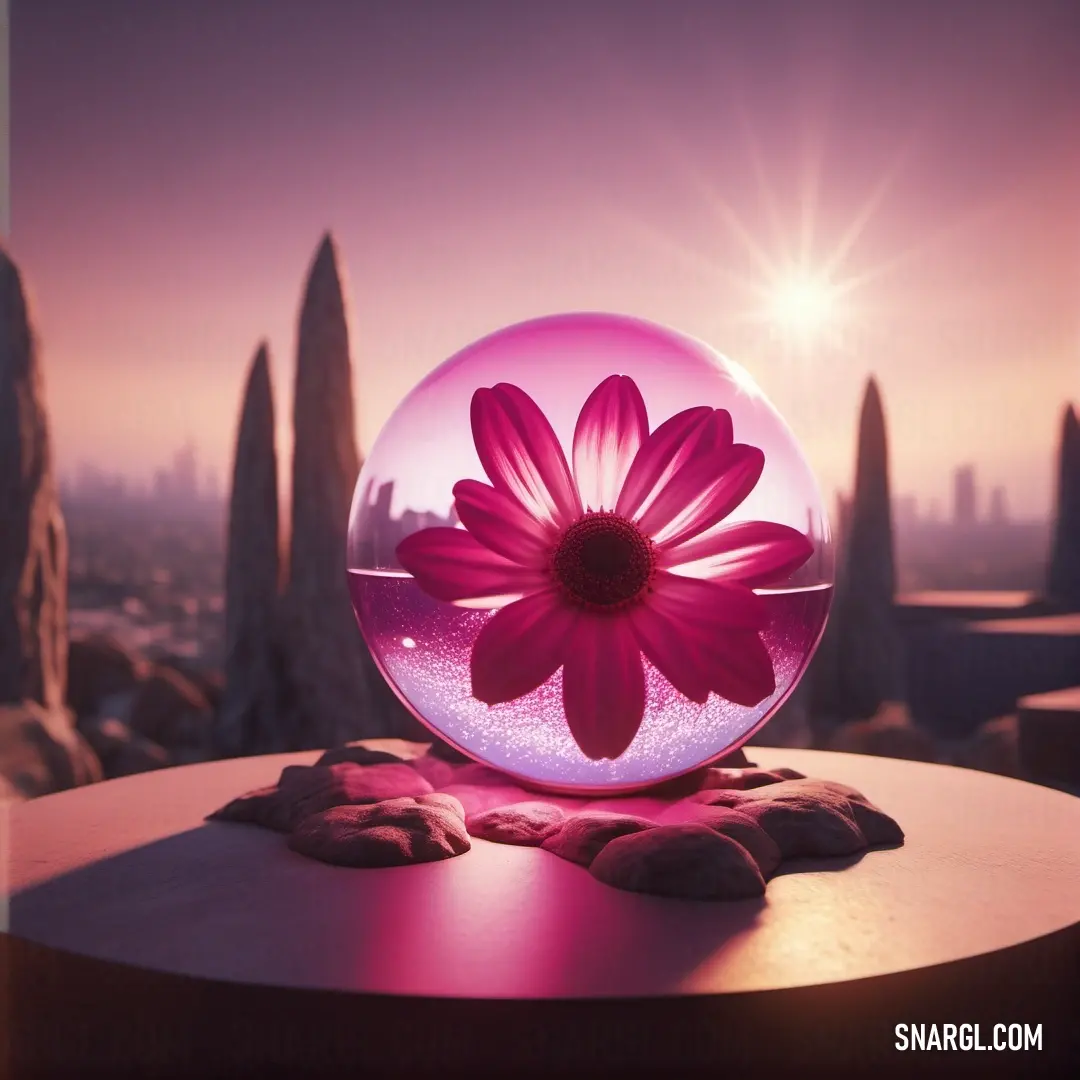 NCS S 5030-R30B color. Pink flower inside a glass ball on a table with a view of a city in the background