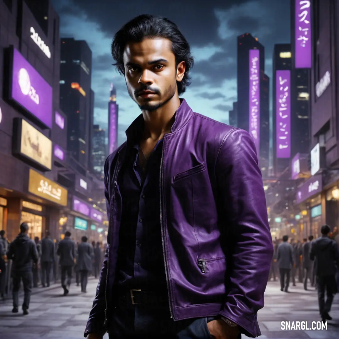 Man in a purple jacket standing in a city street at night with a cityscape in the background. Color RGB 94,54,100.