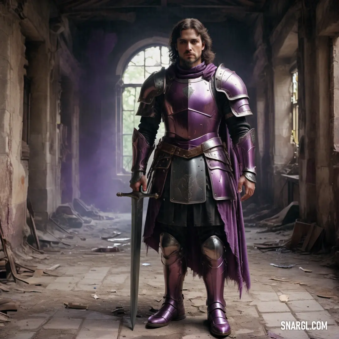 Man in a purple suit and helmet holding a sword in a room with a window and a stone floor. Color CMYK 45,70,0,50.