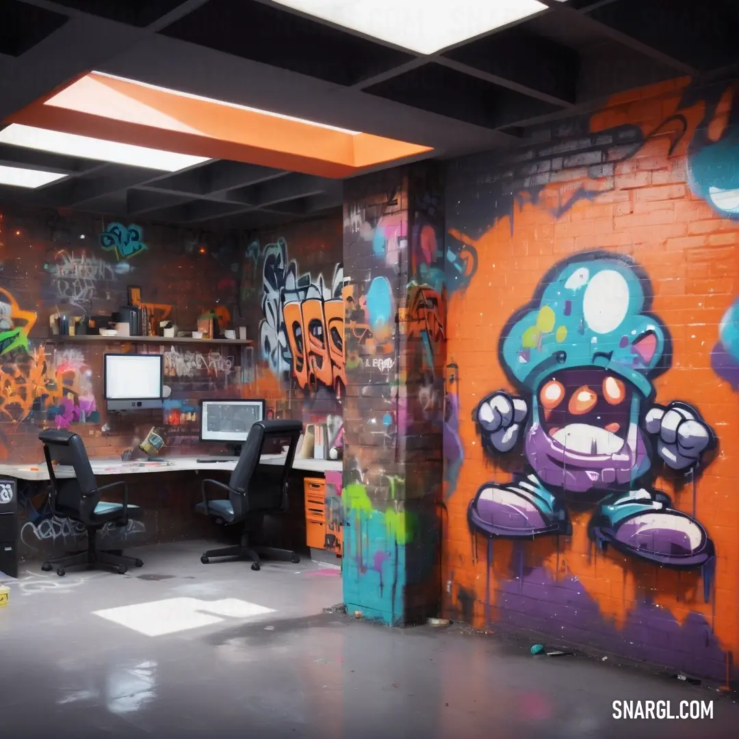 Room with a bunch of graffiti on the walls and a computer desk in the corner of the room. Example of NCS S 5030-R50B color.