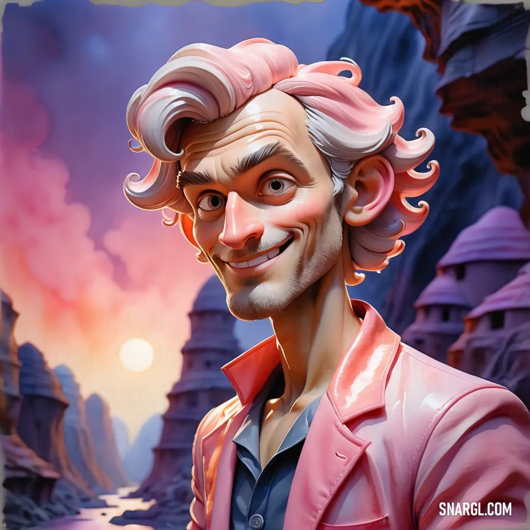 Painting of a man with pink hair and a pink jacket on,. Color NCS S 5030-R60B.