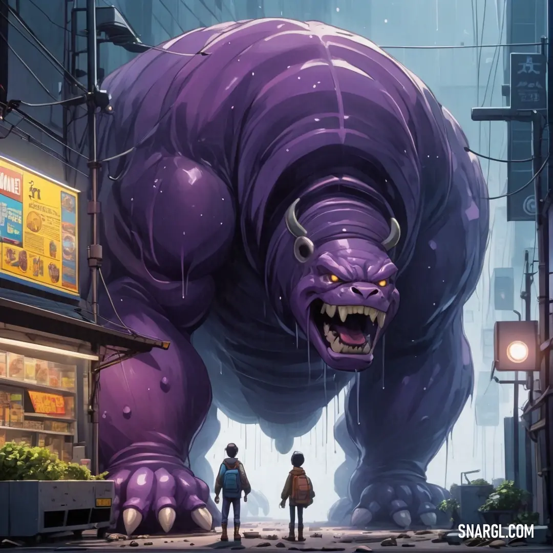 Couple of people standing next to a giant purple monster in a city street with a building in the background. Example of NCS S 5030-R70B color.