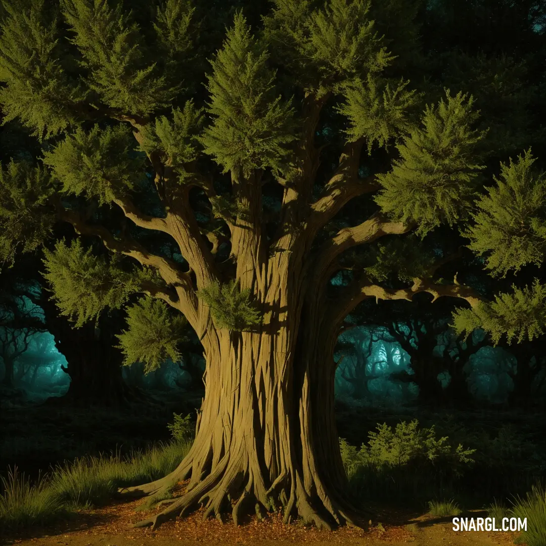 Large tree with a lot of leaves on it's branches in the dark forest at night time. Example of #765B14 color.