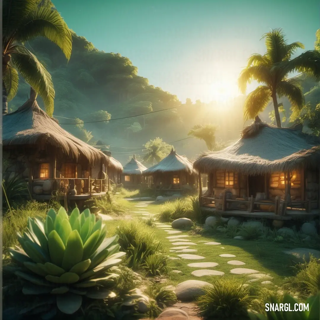 Painting of a tropical setting with a path leading to huts and a pathway leading to a forest with palm trees. Color CMYK 0,27,82,58.