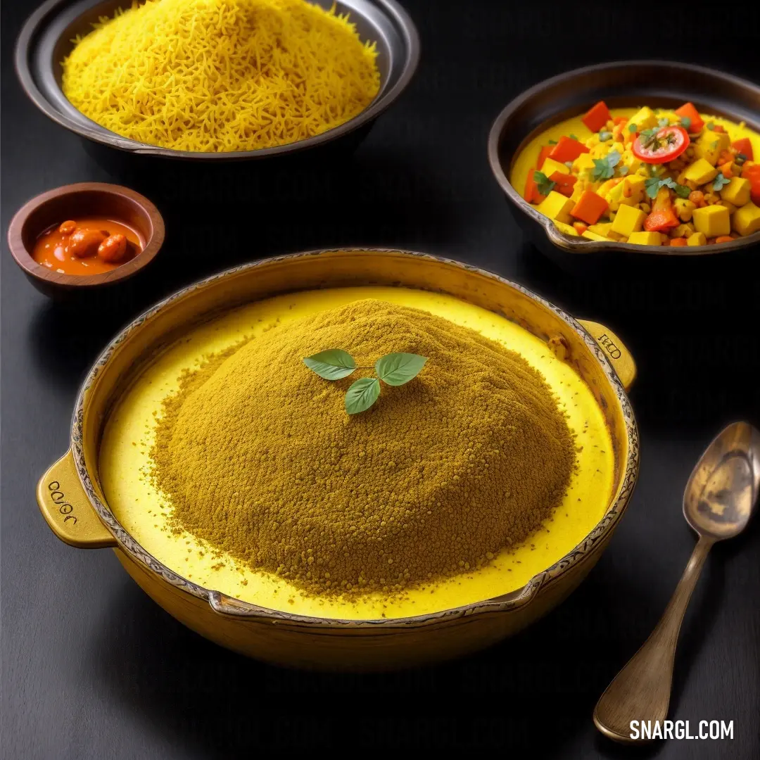 Bowl of yellow powder next to bowls of food and spoons on a table with a spoon and spoon. Example of #8B602E color.