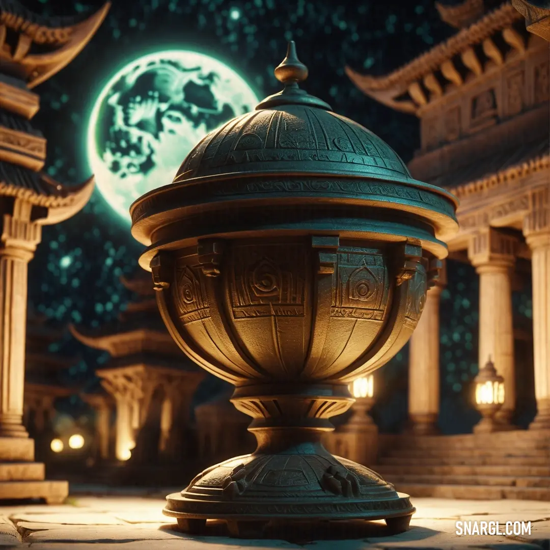 Large golden lantern on top of a stone floor next to a full moon in the sky above a building. Color #8B602E.