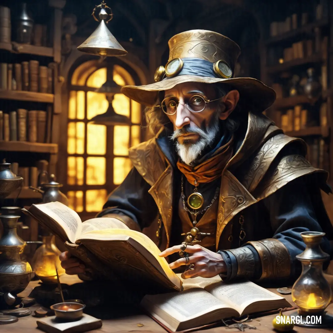 Man in a hat and coat reading a book in a library with a lamp on the table and books on the table. Color NCS S 5030-Y20R.