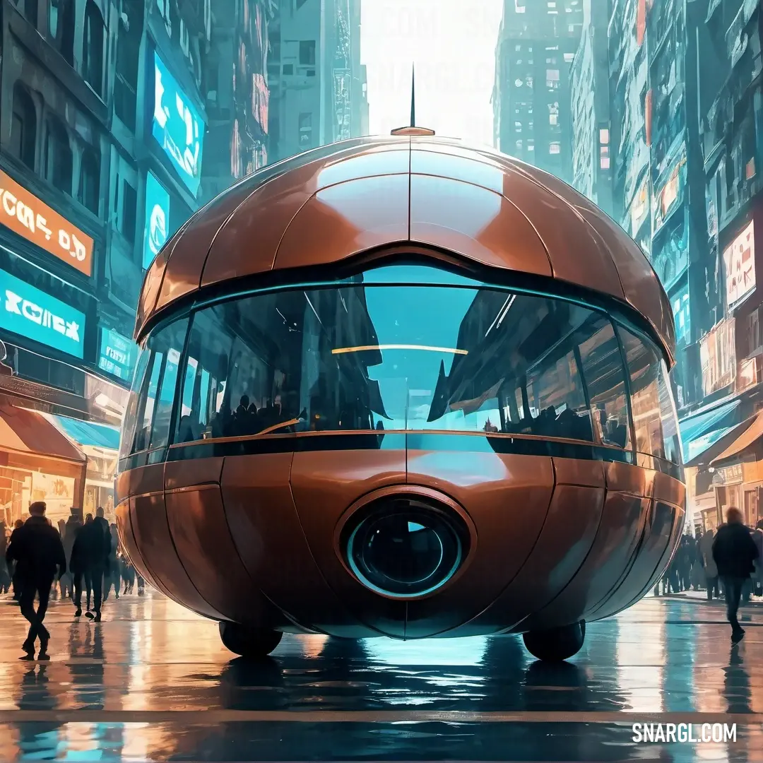 Futuristic vehicle is parked in a city street with people walking around it and a large building in the background