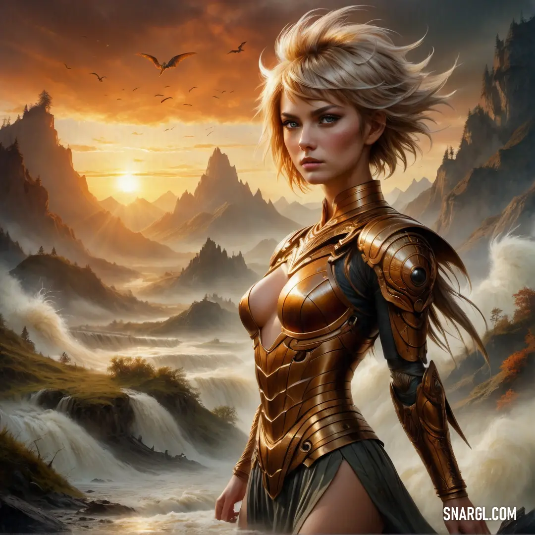 Woman in a golden armor standing in a mountainous area with a bird flying overhead in the sky above her. Color CMYK 0,50,72,48.
