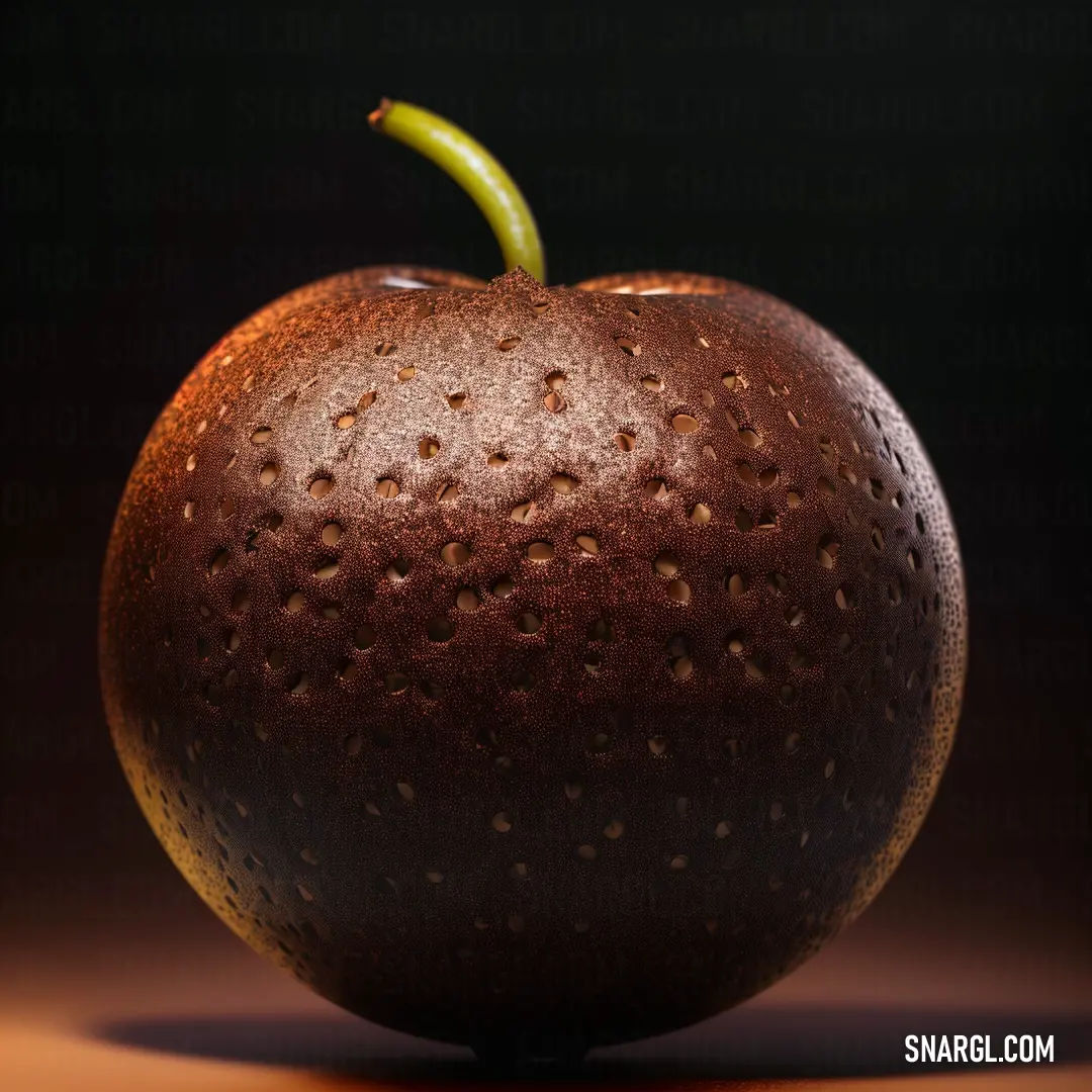 Close up of a fruit with a green stem on it's end and a black background. Color CMYK 0,51,71,50.