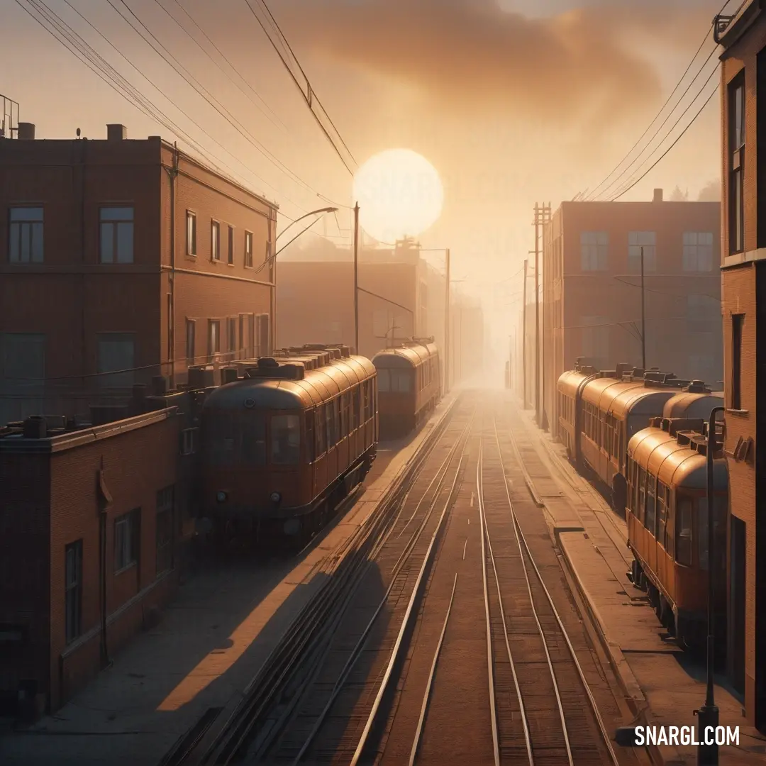 NCS S 5030-Y40R color. Train yard with trains on the tracks and a sun setting in the background