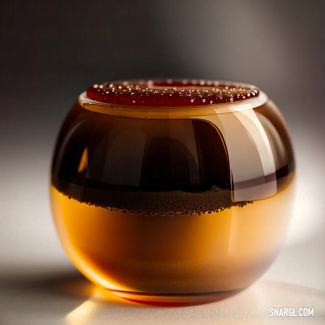Brown glass vase with a red lid on a table top with a white background. Color CMYK 0,59,69,50.