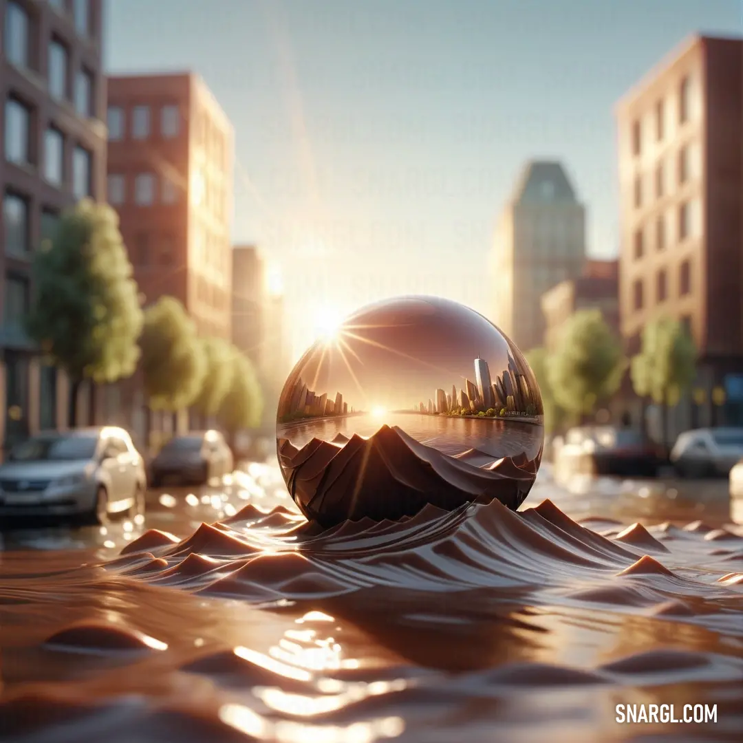 Large crystal ball floating in the middle of a flooded street with buildings in the background. Example of RGB 128,60,36 color.