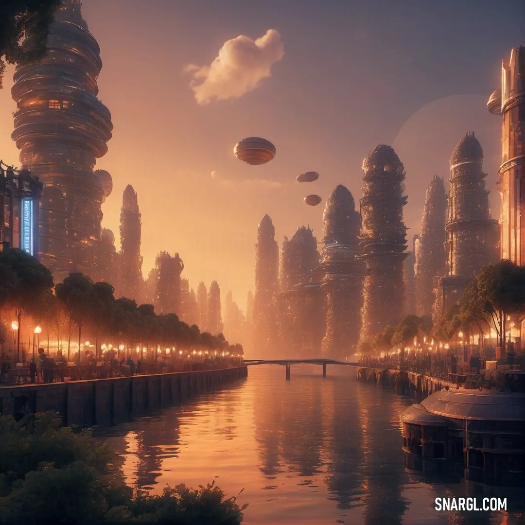 Futuristic city with a river and a bridge at sunset with floating balloons in the sky and a bridge in the foreground