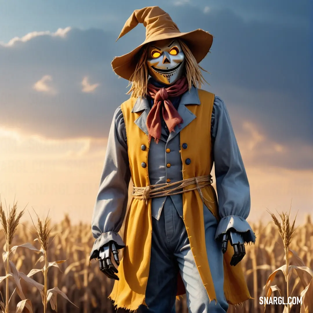 Scarecrow in a cornfield with a scarecrow mask on and a tie around his neck. Color #82392F.