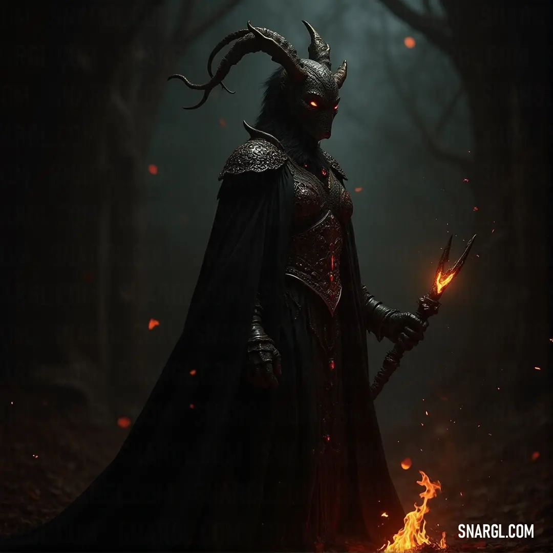 A fearsome demon, adorned with majestic horns and a flowing cape, clutches a fiery stick in the shadows of an eerie forest, with glowing flames flickering from its mouth, casting an ominous light in the darkness.