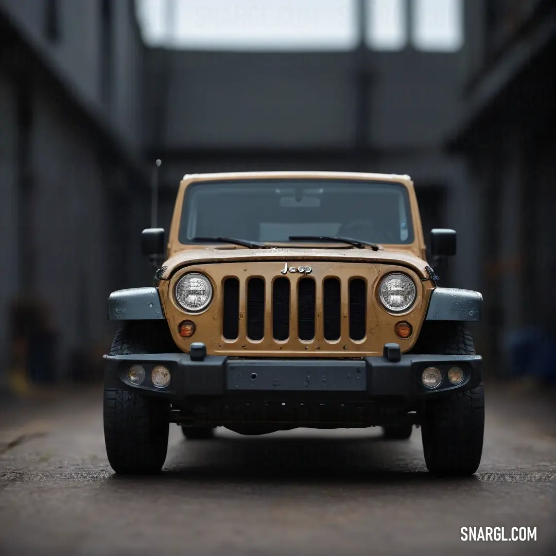 A stunning gold Jeep stands out vibrantly in a parking garage, its polished surface reflecting the soft glow of overhead lights, set against a backdrop of towering concrete walls and a vast azure sky above.