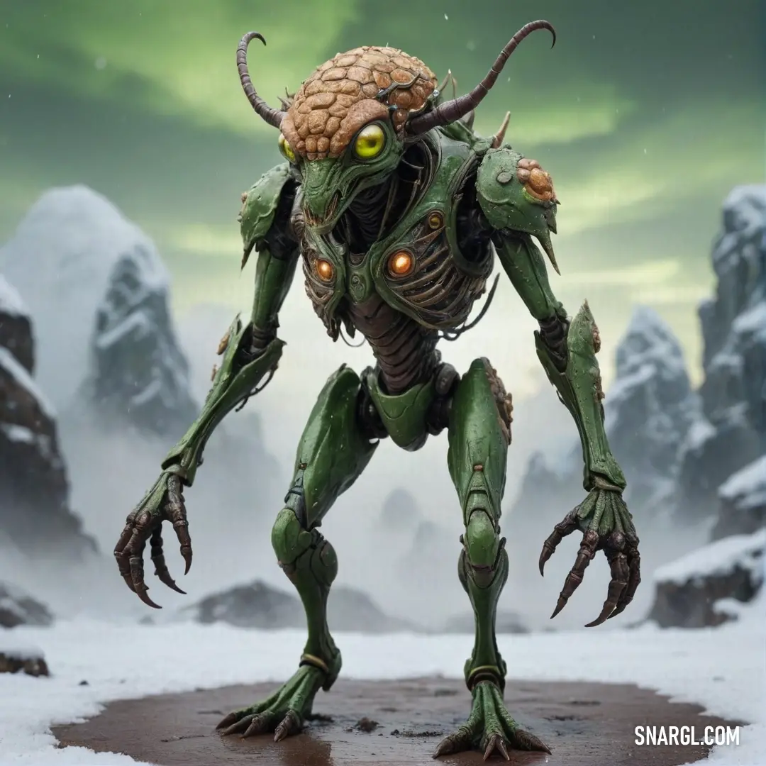 A unique green alien adorned with a prominent brain atop its head, extending arms and legs, encapsulating the essence of both science fiction and vivid imagination in its vibrant color palette.